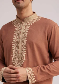 Brown Cotton Kurta Set With Embroidered Yoke And Sleeve Cuffs