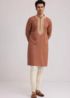 Brown Cotton Kurta Set With Embroidered Yoke And Sleeve Cuffs