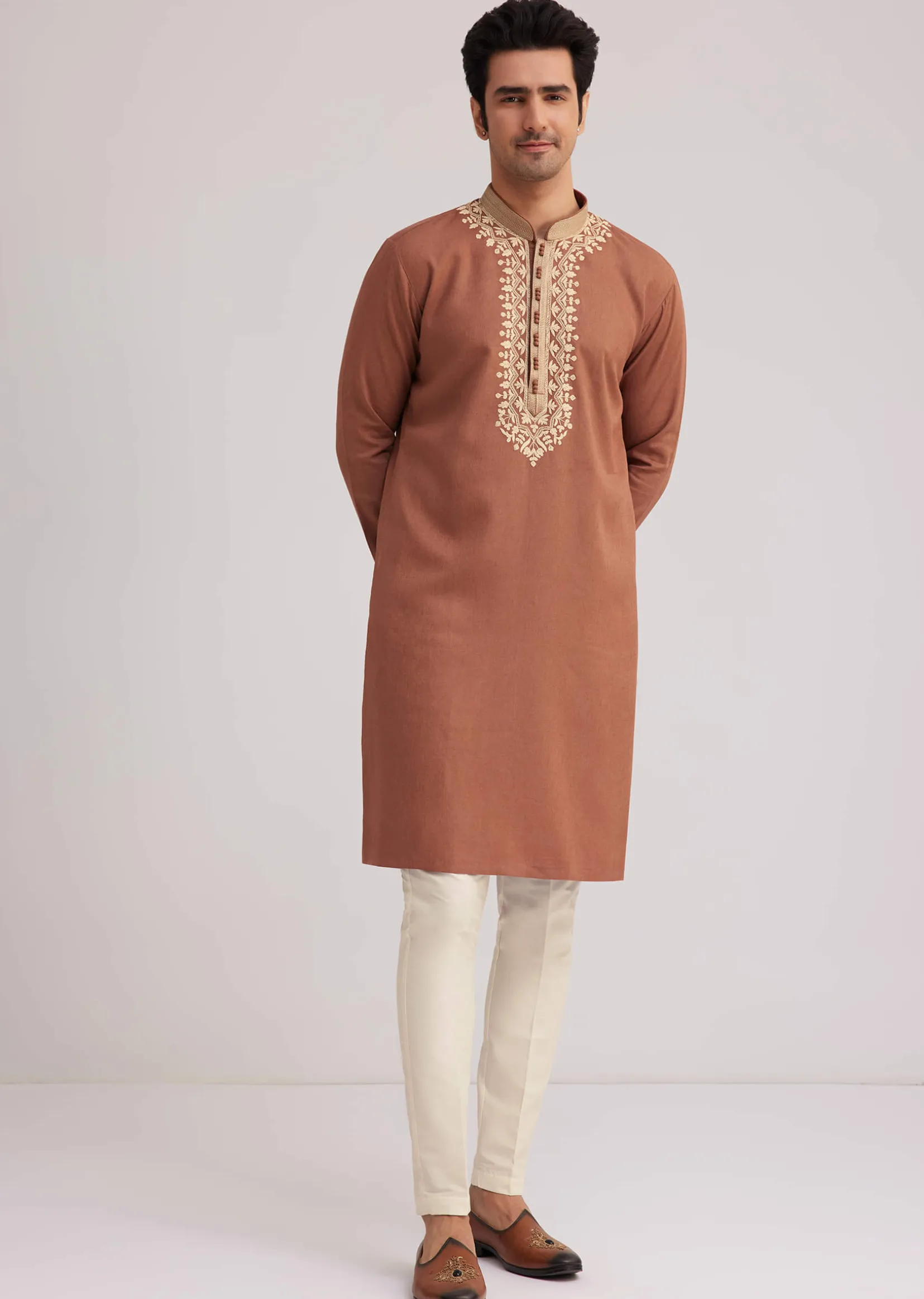 Brown Cotton Kurta Set With Embroidered Yoke And Sleeve Cuffs