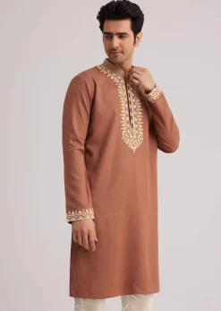 Brown Cotton Kurta Set With Embroidered Yoke And Sleeve Cuffs