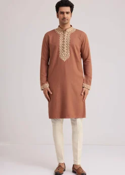 Brown Cotton Kurta Set With Embroidered Yoke And Sleeve Cuffs