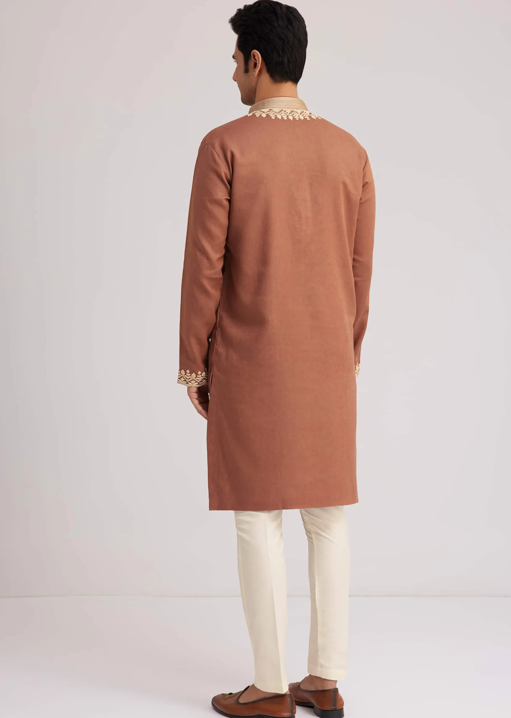 Brown Cotton Kurta Set With Embroidered Yoke And Sleeve Cuffs