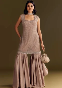 Brown Crepe Kurta Sharara With Choker Style Net Dupatta