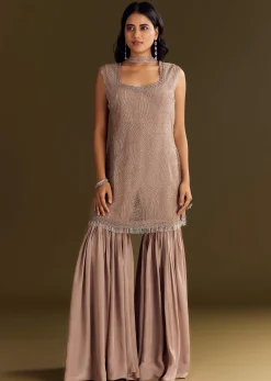 Brown Crepe Kurta Sharara With Choker Style Net Dupatta