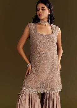 Brown Crepe Kurta Sharara With Choker Style Net Dupatta