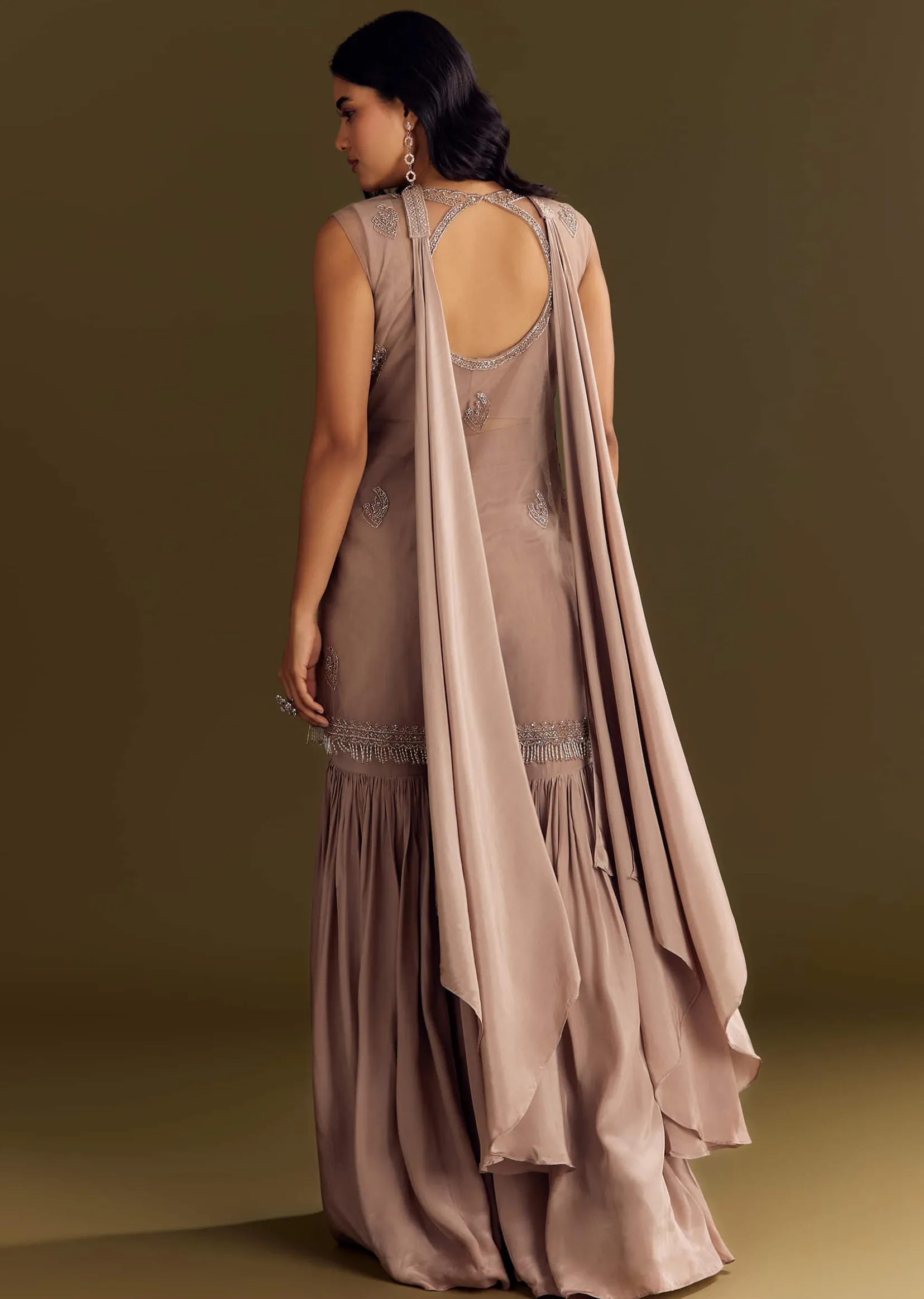 Brown Crepe Kurta Sharara With Choker Style Net Dupatta