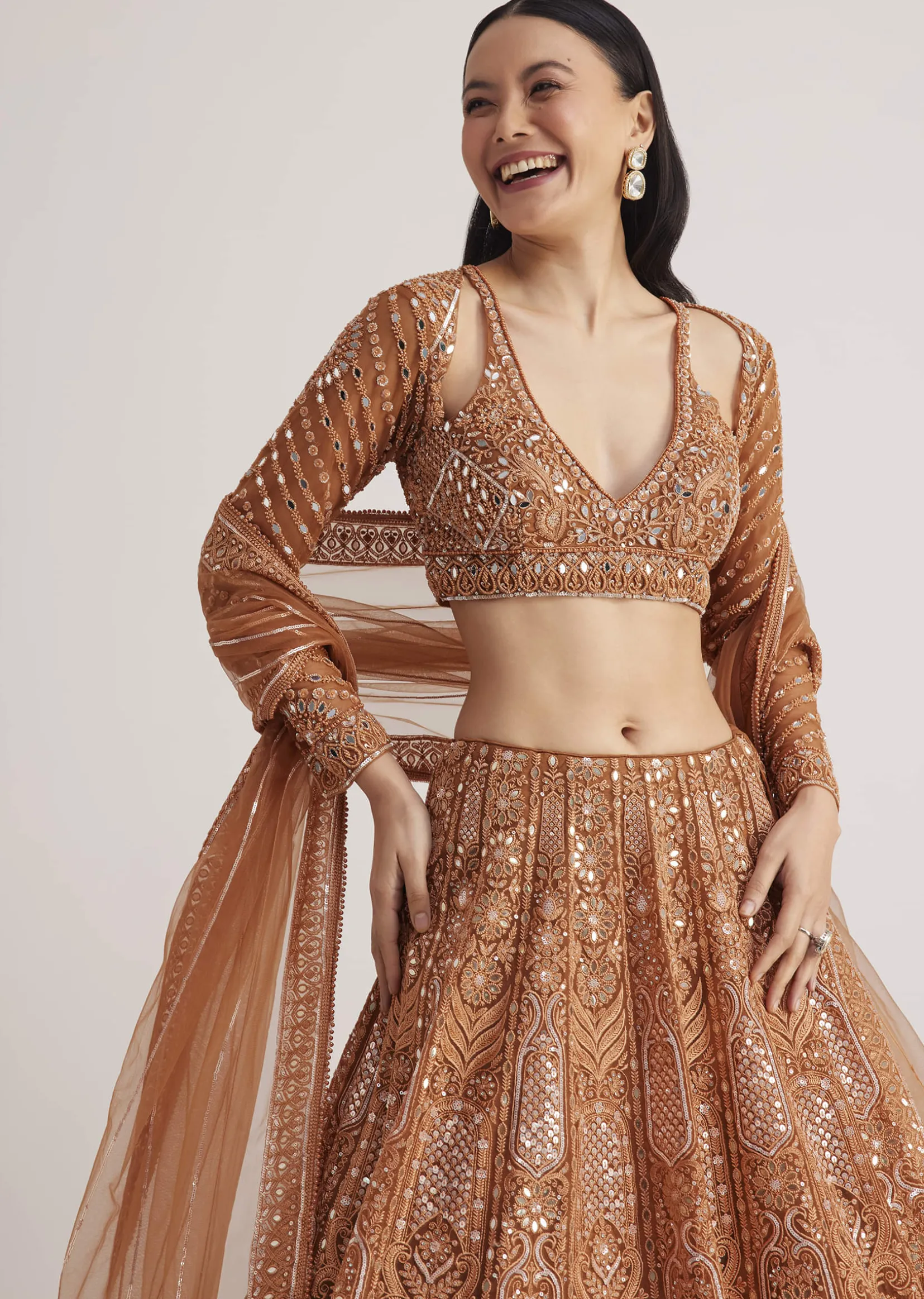 Brown Embellished Lehenga Set With Detailed Embroidery