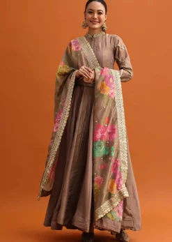 Brown Embroidered Anarkali With Printed Dupatta