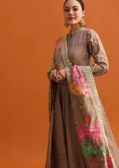 Brown Embroidered Anarkali With Printed Dupatta