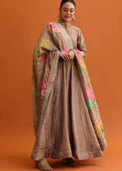 Brown Embroidered Anarkali With Printed Dupatta