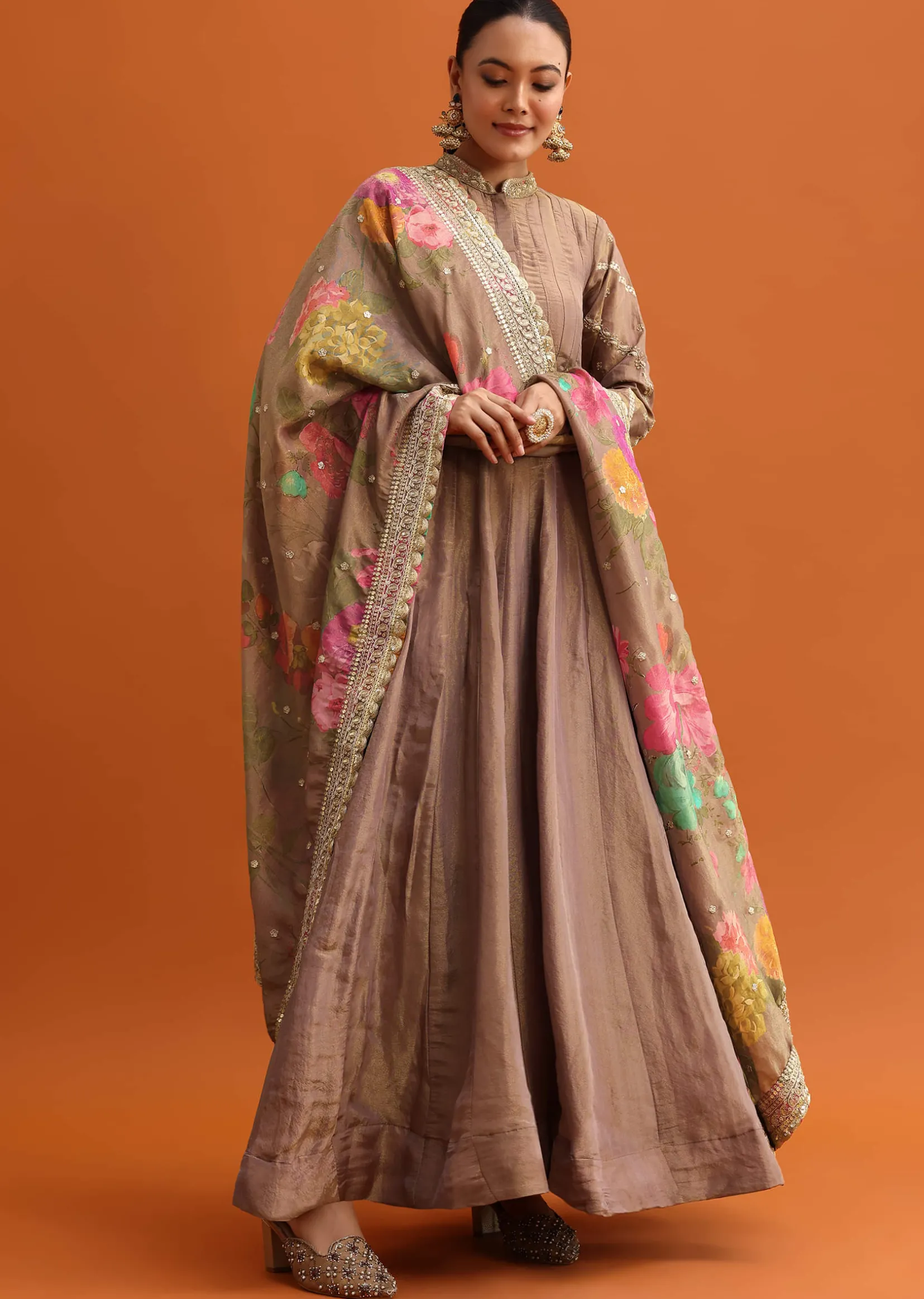 Brown Embroidered Anarkali With Printed Dupatta