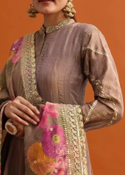 Brown Embroidered Anarkali With Printed Dupatta