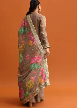 Brown Embroidered Anarkali With Printed Dupatta