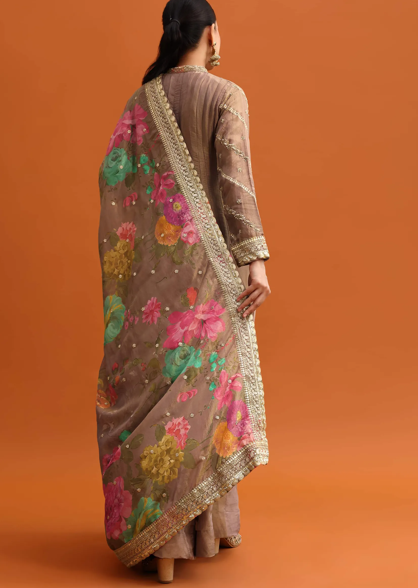 Brown Embroidered Anarkali With Printed Dupatta