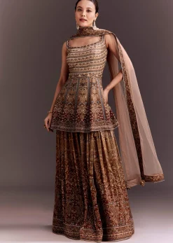 Brown Embroidered Palazzo Set With Peplum Kurta