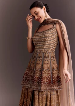 Brown Embroidered Palazzo Set With Peplum Kurta