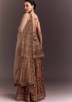 Brown Embroidered Palazzo Set With Peplum Kurta