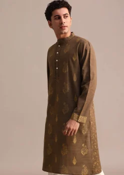 Brown Hand Block Printed Embroidered Kurta Set For Men