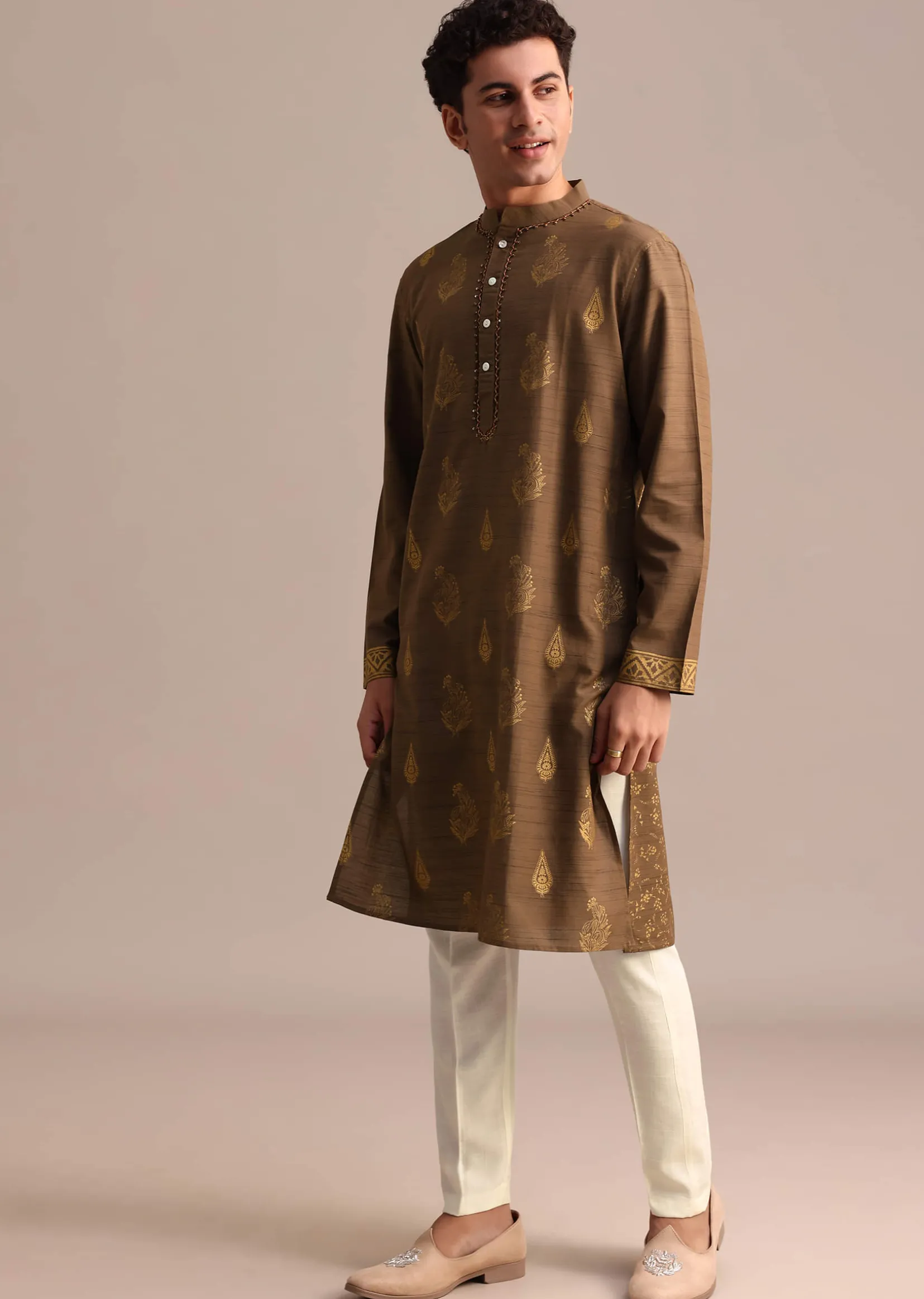 Brown Hand Block Printed Embroidered Kurta Set For Men