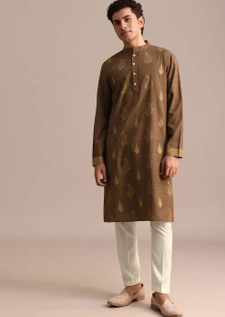 Brown Hand Block Printed Embroidered Kurta Set For Men
