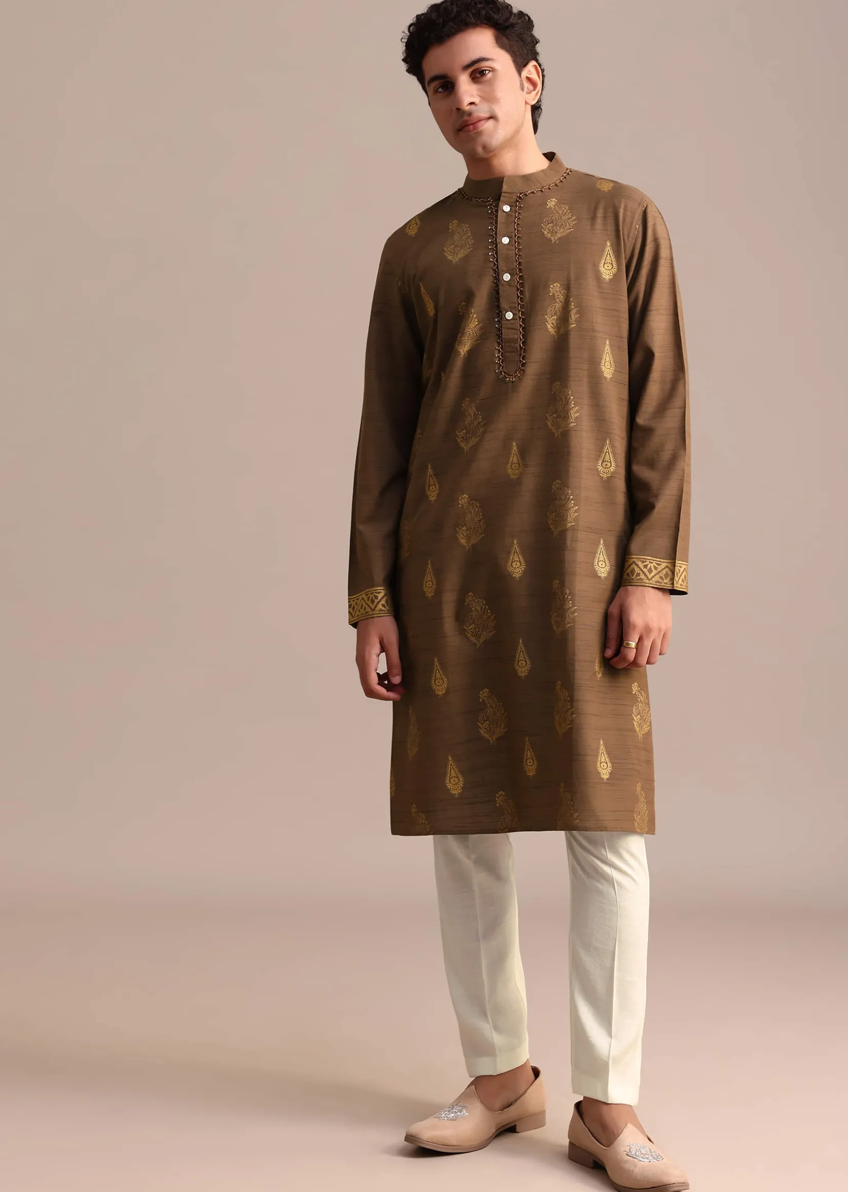 Brown Hand Block Printed Embroidered Kurta Set For Men