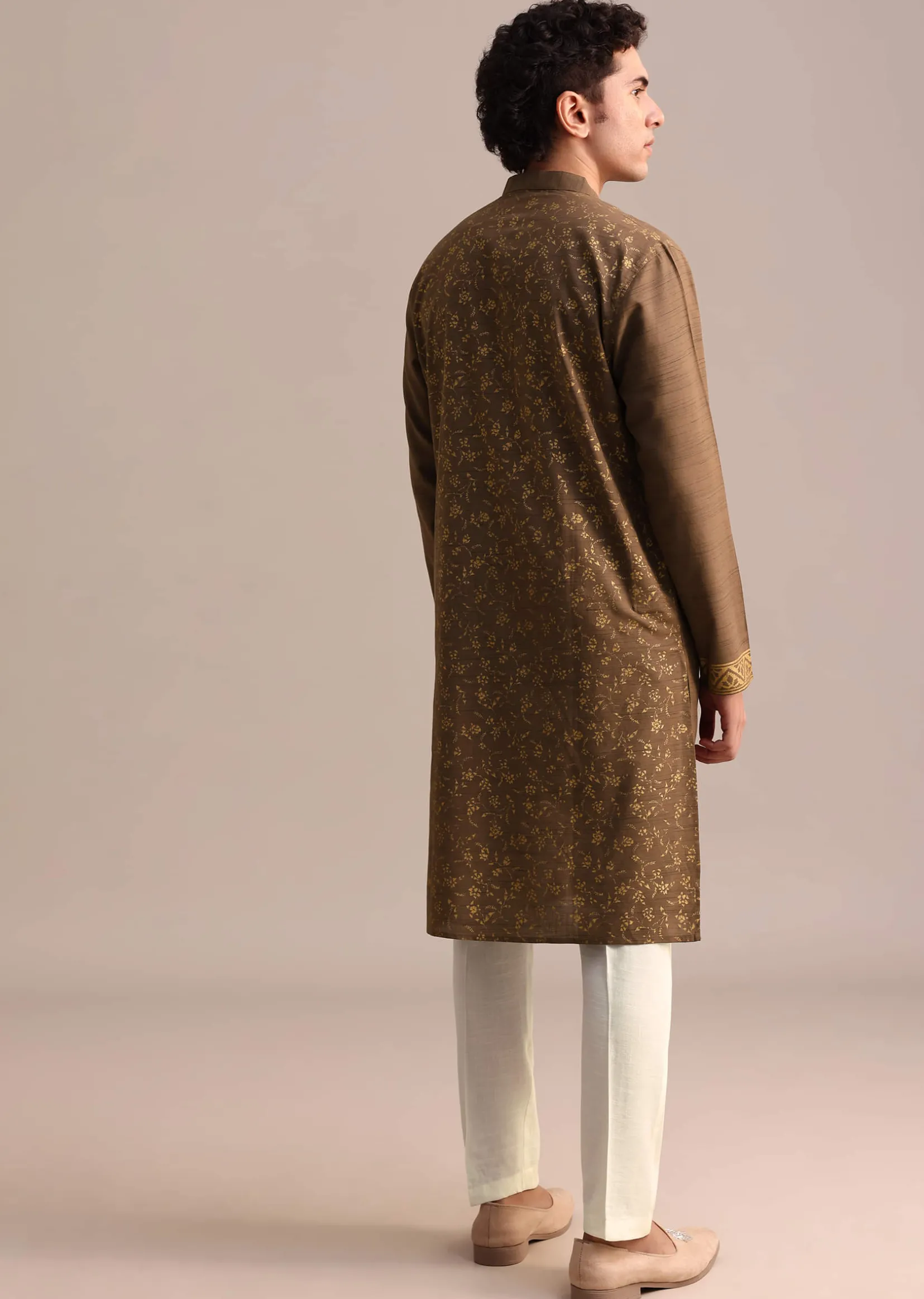 Brown Hand Block Printed Embroidered Kurta Set For Men