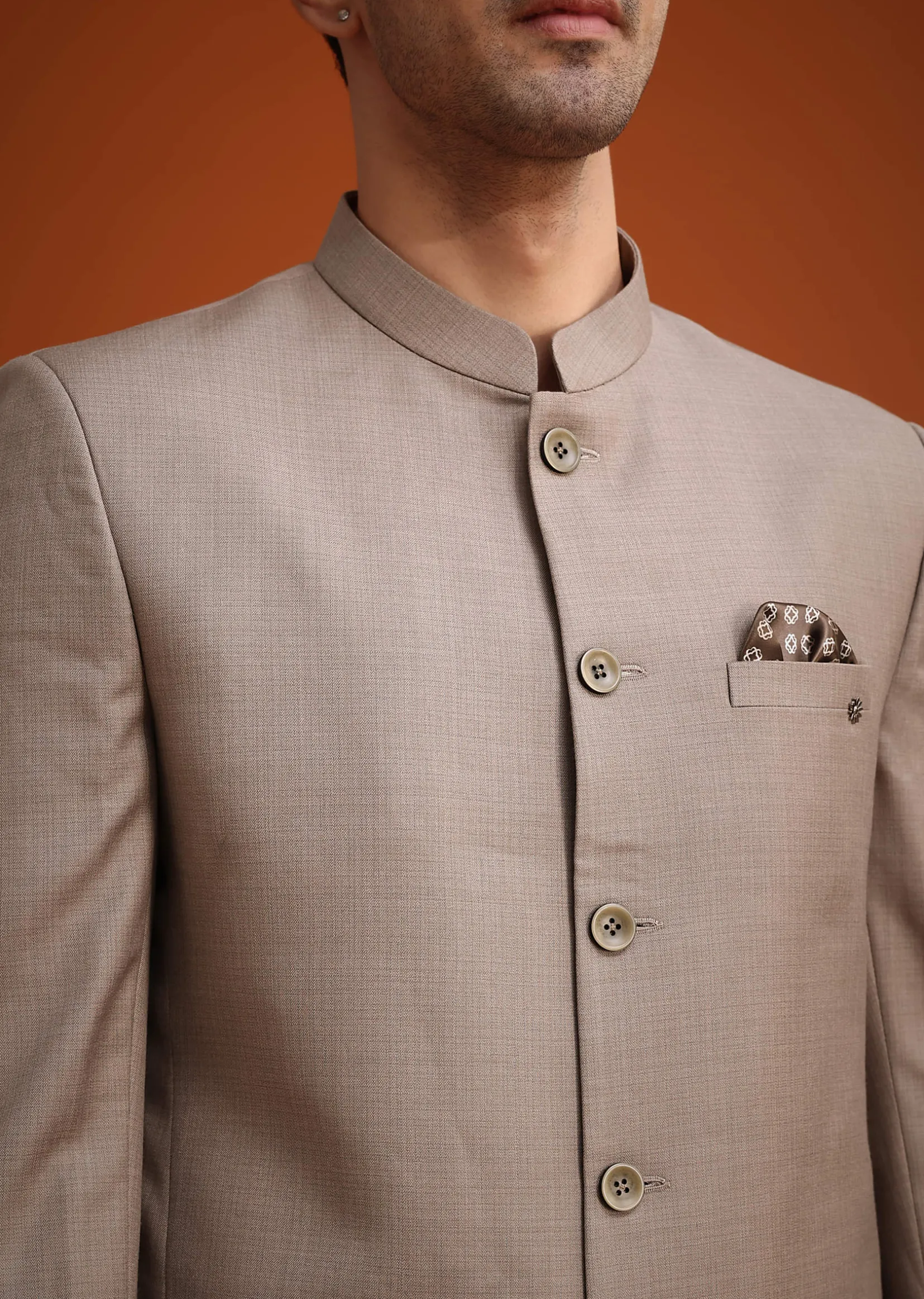 Brown Jodhpuri Set With Mandarin Collar