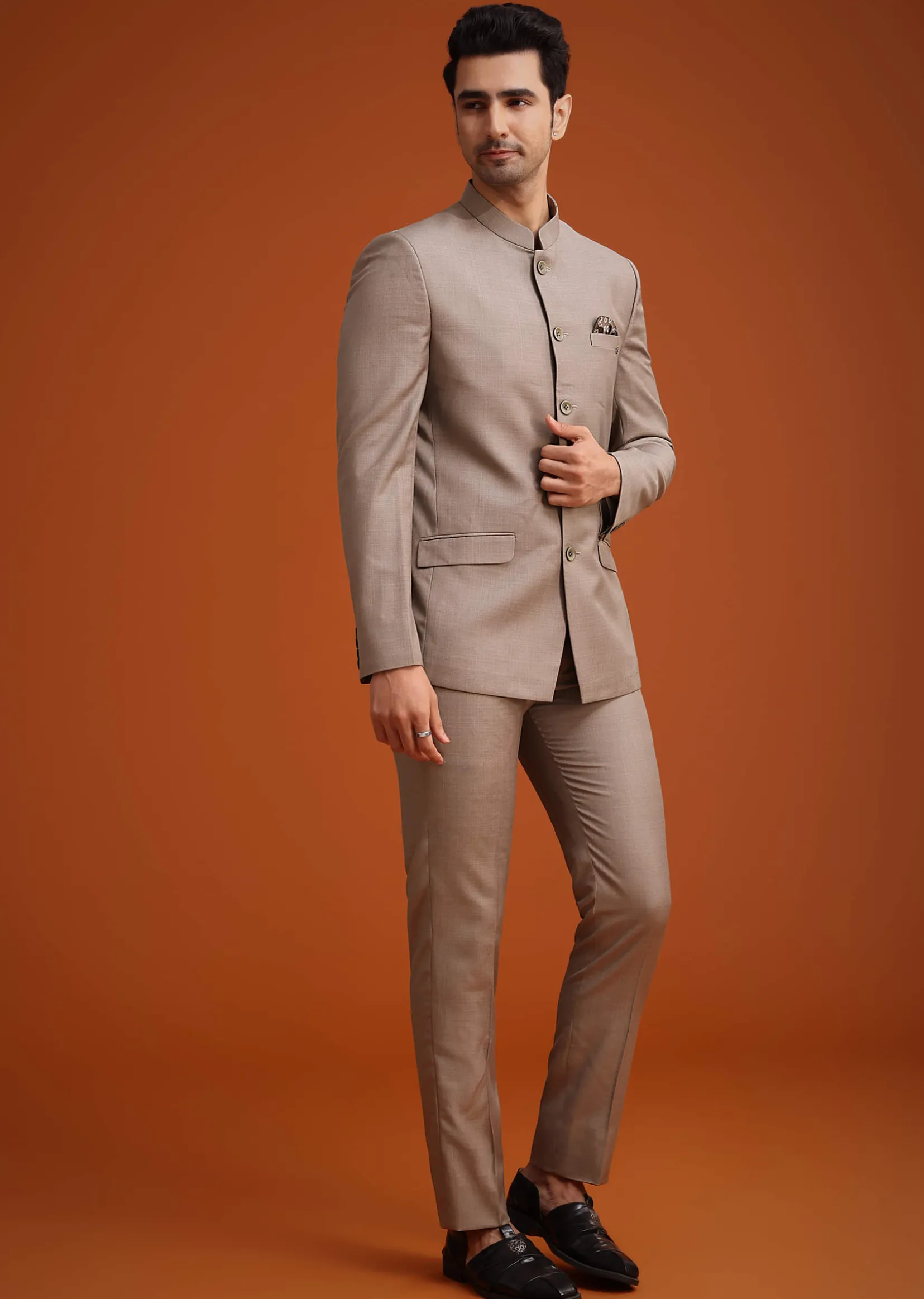Brown Jodhpuri Set With Mandarin Collar