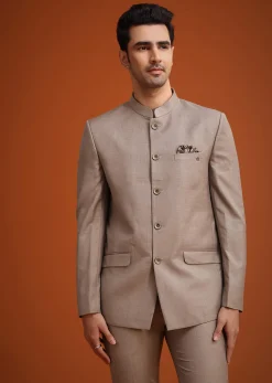 Brown Jodhpuri Set With Mandarin Collar