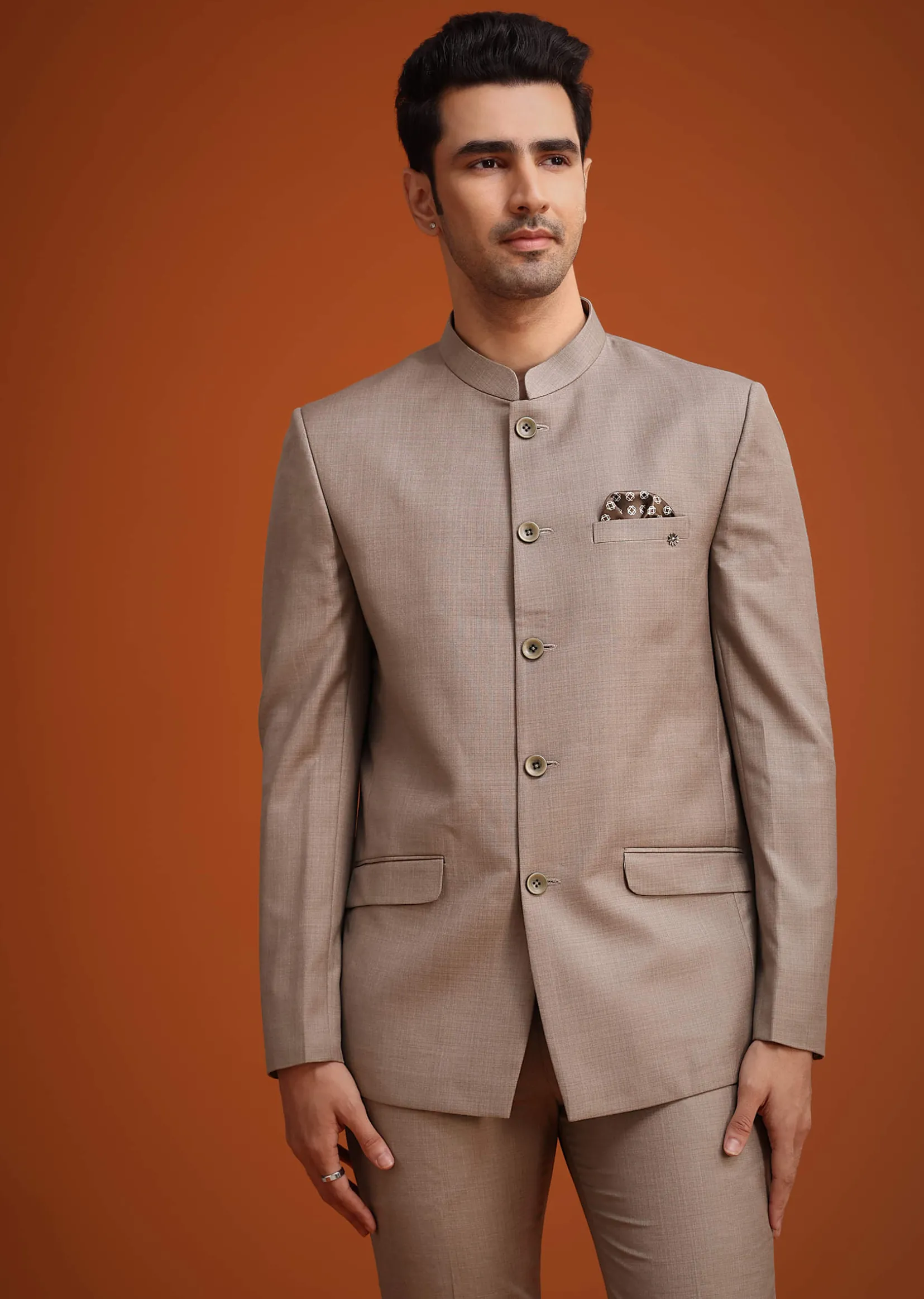 Brown Jodhpuri Set With Mandarin Collar