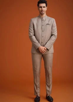 Brown Jodhpuri Set With Mandarin Collar