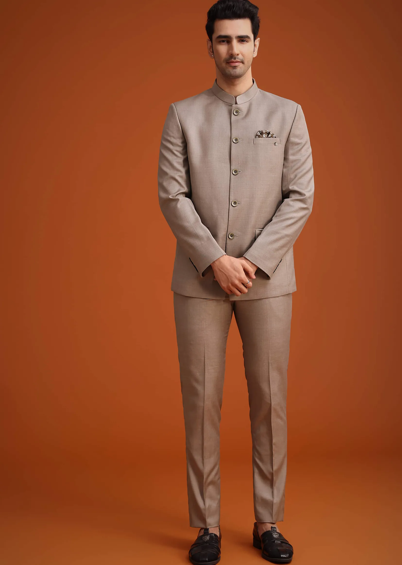 Brown Jodhpuri Set With Mandarin Collar