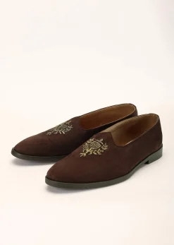 Brown Juttis In Suede With Zardosi Embroidered Motif