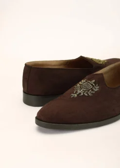 Brown Juttis In Suede With Zardosi Embroidered Motif