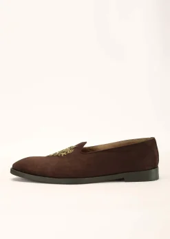Brown Juttis In Suede With Zardosi Embroidered Motif