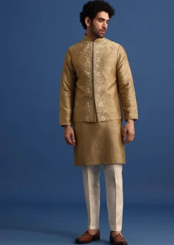 Brown Kurta Jacket Set With Thread And Mirror Work