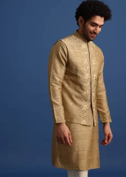 Brown Kurta Jacket Set With Thread And Mirror Work