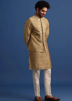 Brown Kurta Jacket Set With Thread And Mirror Work