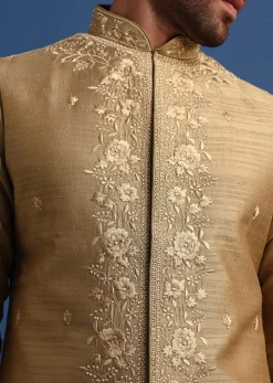 Brown Kurta Jacket Set With Thread And Mirror Work