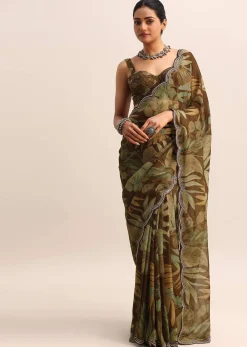 Brown Leaf Printed Soft Organza Saree With Embroidered Border