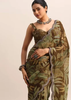 Brown Leaf Printed Soft Organza Saree With Embroidered Border