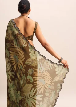 Brown Leaf Printed Soft Organza Saree With Embroidered Border