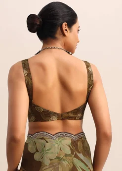 Brown Leaf Printed Soft Organza Saree With Embroidered Border