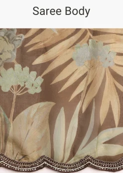 Brown Leaf Printed Soft Organza Saree With Embroidered Border