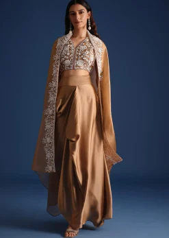 Brown Moti Work Jacket With Skirt And Crop Top