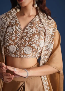 Brown Moti Work Jacket With Skirt And Crop Top