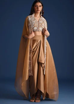 Brown Moti Work Jacket With Skirt And Crop Top