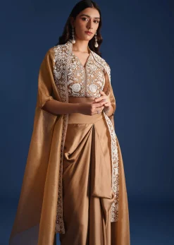 Brown Moti Work Jacket With Skirt And Crop Top