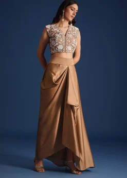 Brown Moti Work Jacket With Skirt And Crop Top