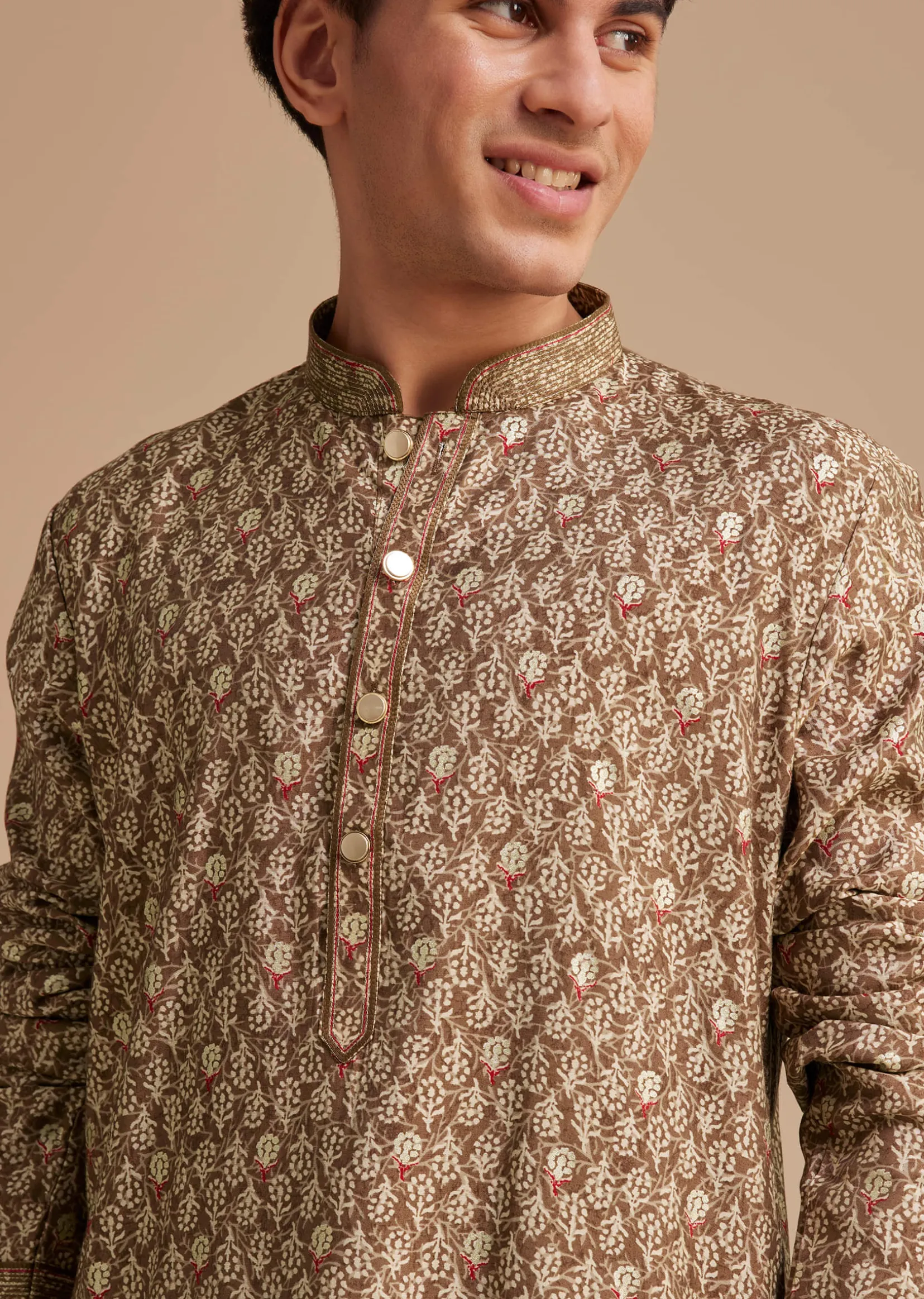 Brown Muslin Mughal Printed Kurta Set